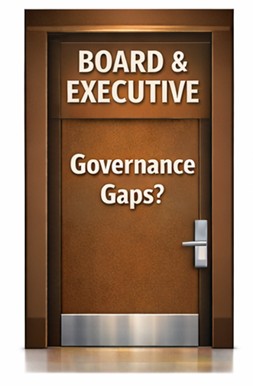 Brown door labelled Board and Executive with briefcase icon representing governance gaps and executive oversight