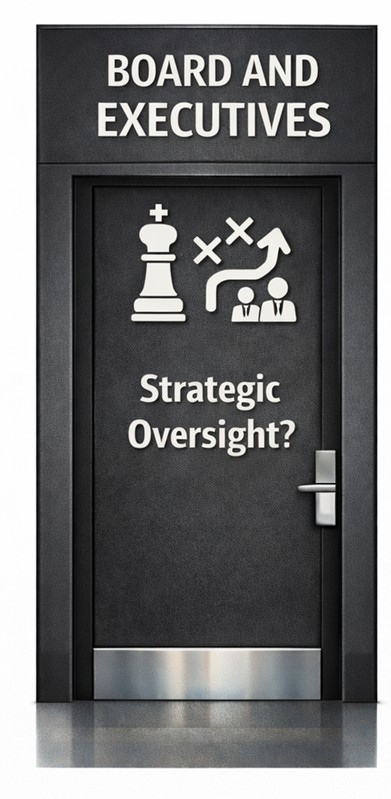 Charcoal door labelled Board and Executive with briefcase icon representing governance gaps and executive oversight