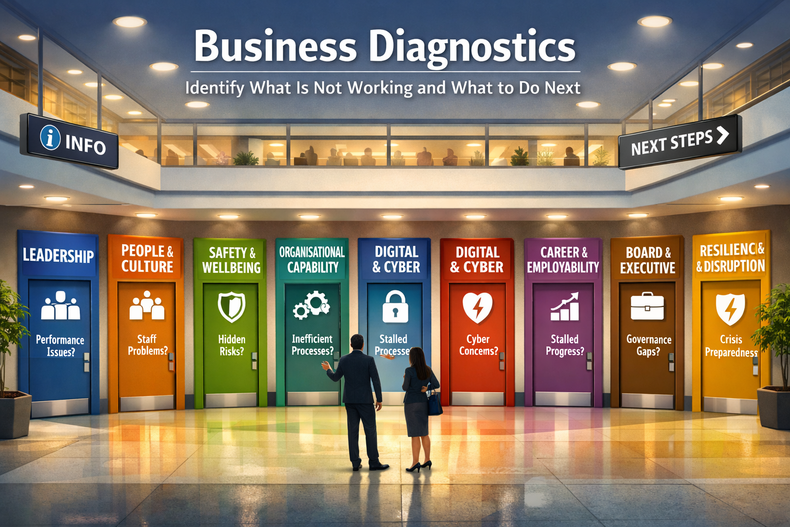 Business diagnostics concept showing a shopping centre with labelled doors for leadership, culture, safety, cyber, and capability areas