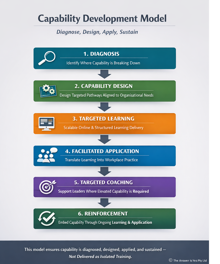 Infographic of a capability development model illustrating six stages from diagnosis through to reinforcement, showing how organisations build and sustain performance beyond training.