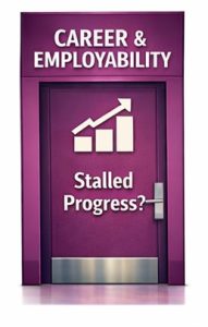 Purple door labelled Career and Employability with growth chart icon representing stalled progress and career direction