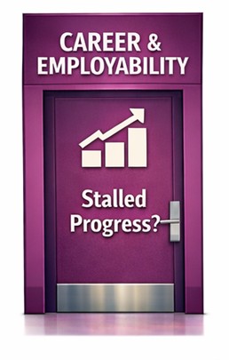Purple door labelled Career and Employability with growth chart icon representing stalled progress and career direction