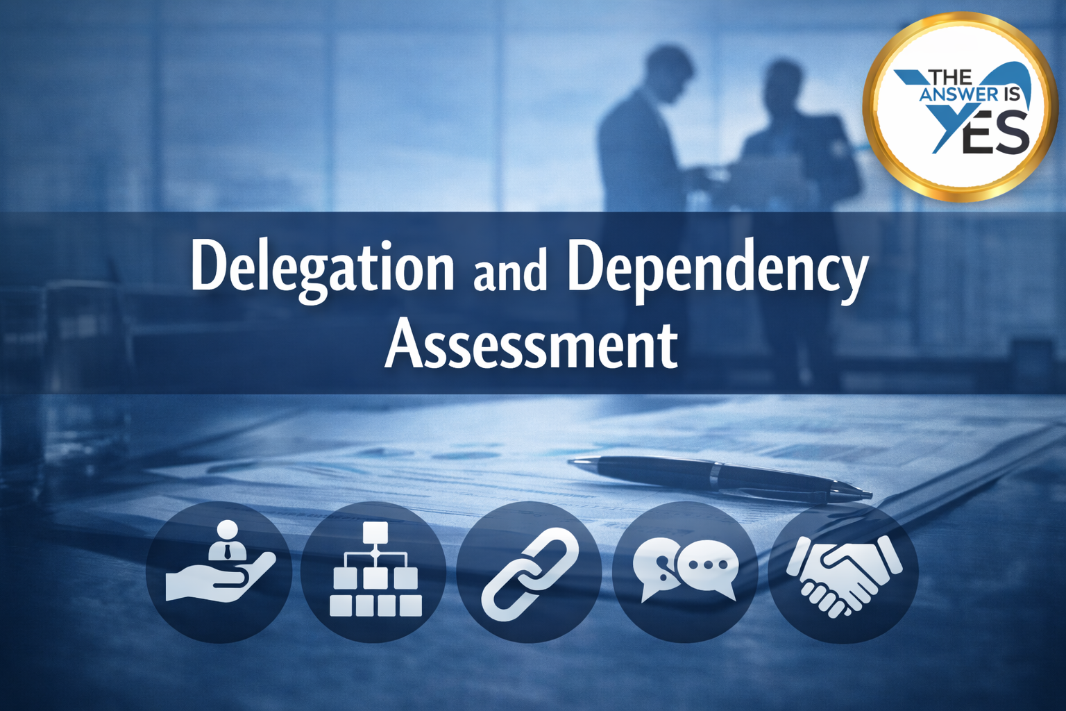 Delegation and dependency assessment banner showing workplace task handover, team structure, communication, and reliance patterns