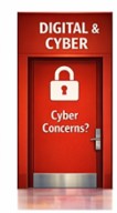 Red door labelled Digital and Cyber with padlock icon representing cyber concerns and digital security risks