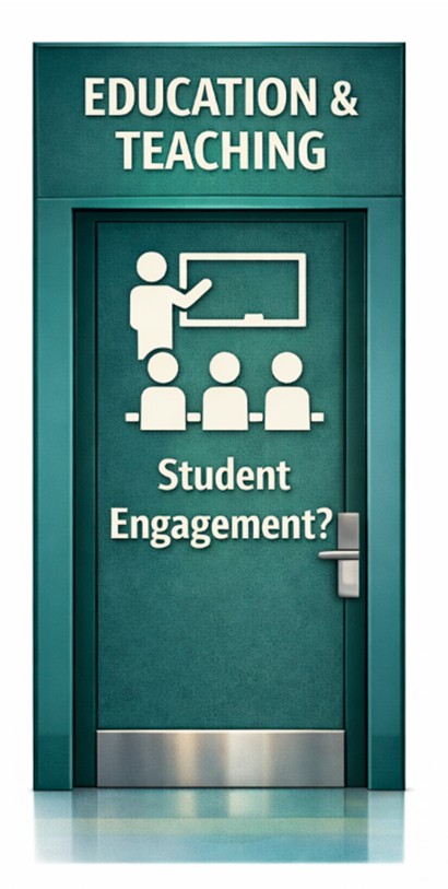 Blue green door labelled Education and Teaching with classroom icon representing student engagement and learning equity challenges