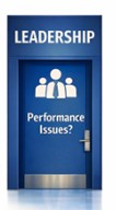 Blue door labelled Leadership with icon of team figures representing performance issues and leadership capability gaps