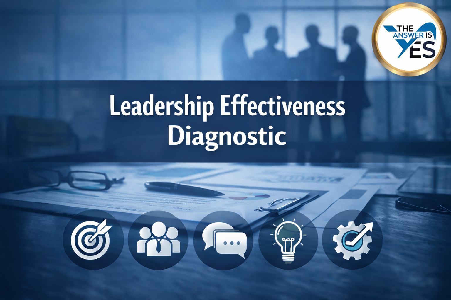 Leadership effectiveness diagnostic banner showing team discussion with icons for goals, communication, ideas, and performance