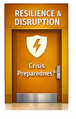 Yellow orange door labelled Resilience and Disruption with shield and lightning icon representing crisis preparedness