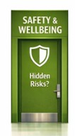 Green door labelled Safety and Wellbeing with shield icon representing hidden risks and workplace safety concerns