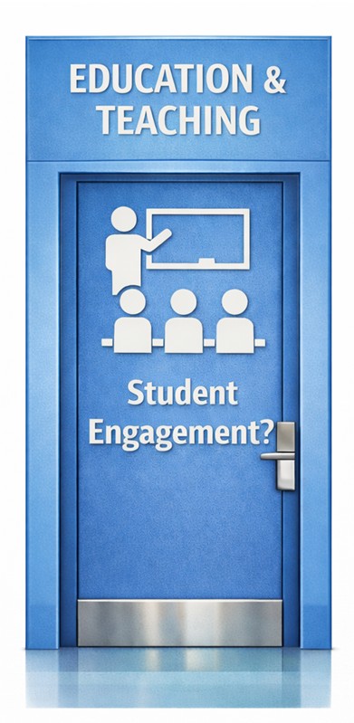 Blue door labelled Education and Teaching with classroom icon representing student engagement and learning equity challenges